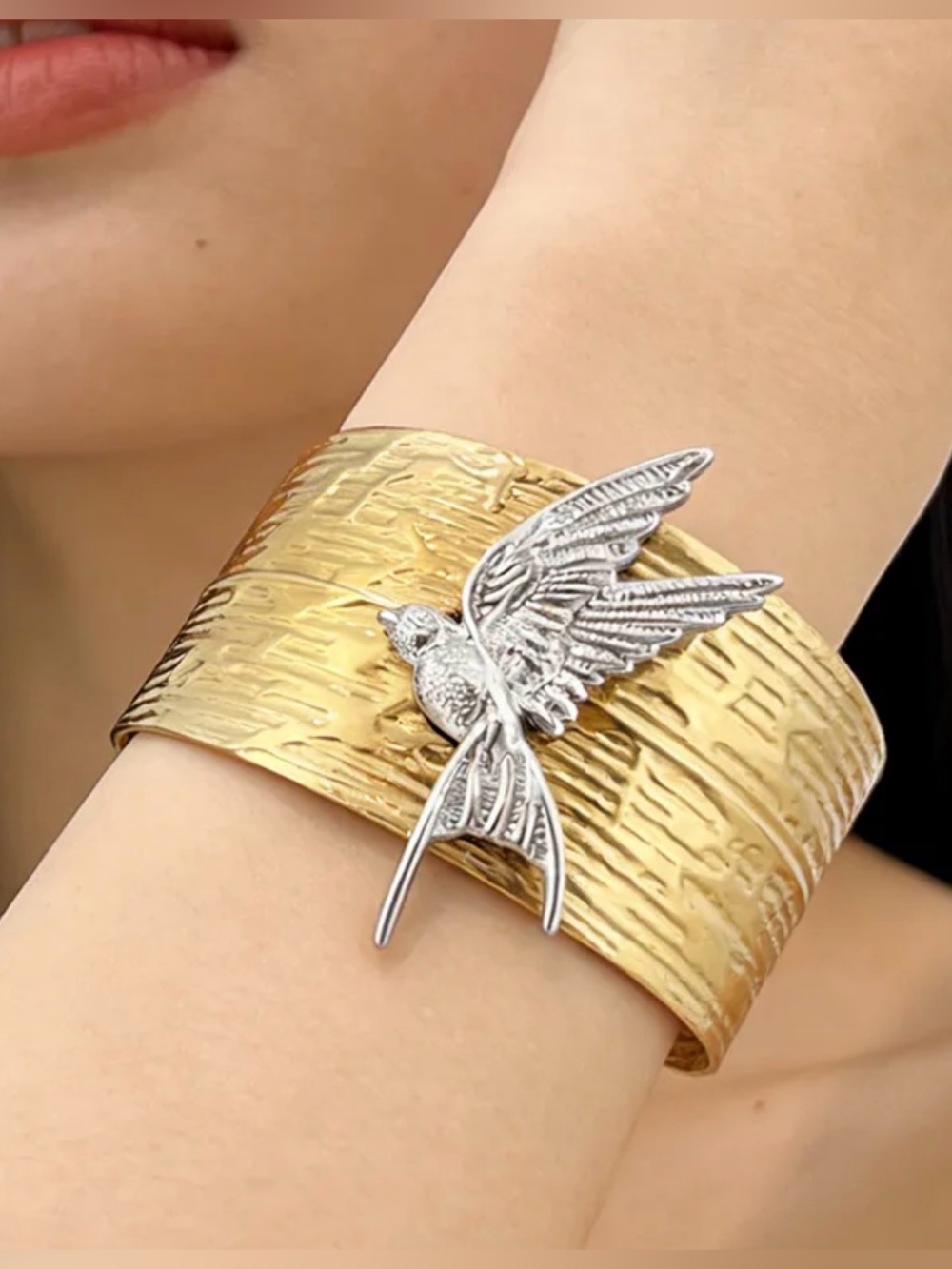 Flying Bird Wide Cuff Bracelet Gold and Silver
